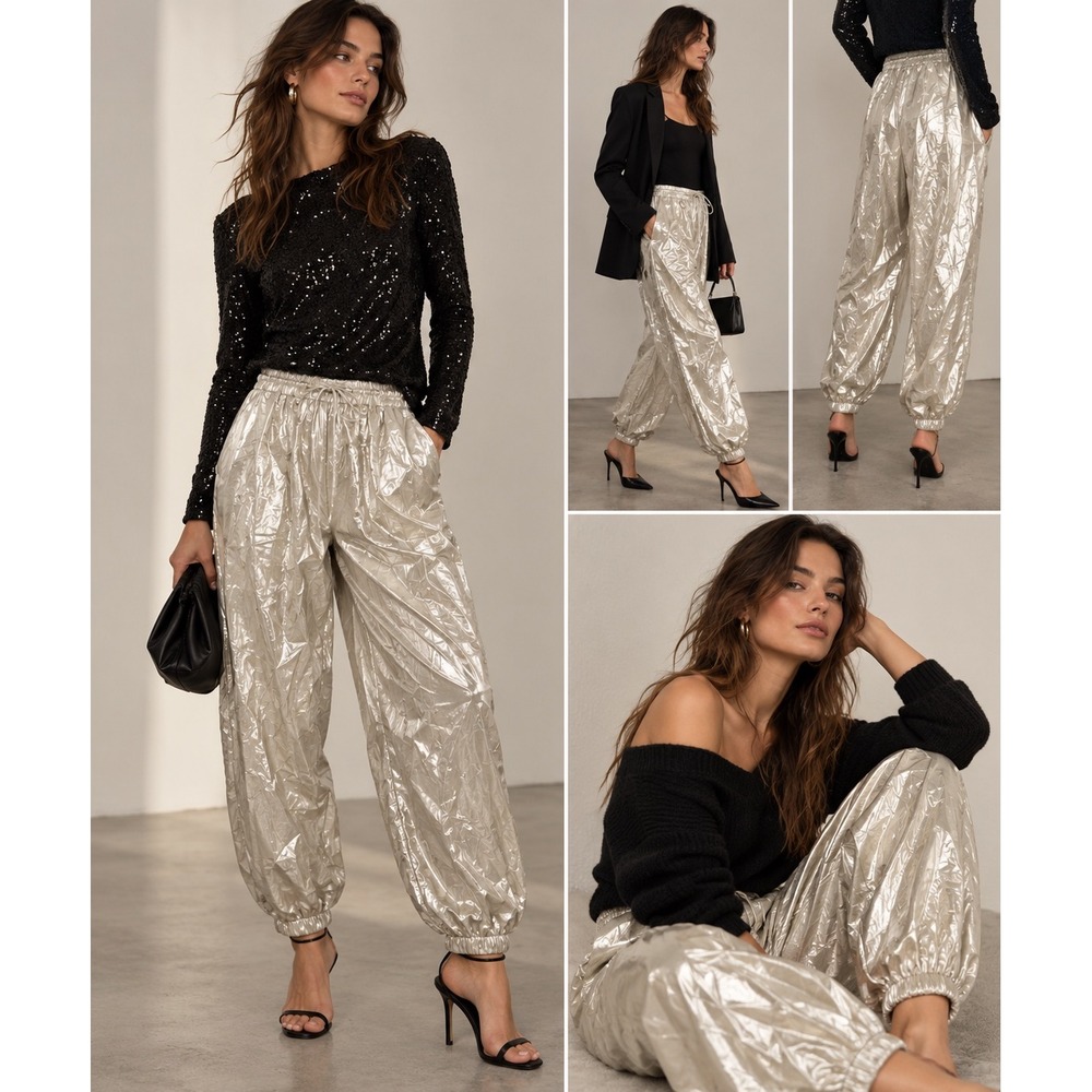 Zara Metallic Jogger Pants Silver Champagne Gold Foil Party Glam New Years M
